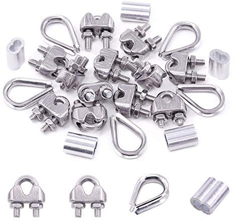 Swpeet 24Pcs M4 (3/16) Wire Rope Accessory Set, Included M4 Wire Rope Cable Clip Clamp, M4 Stainless Steel Thimble, 4mm Aluminum Crimping Loop Sleeve Perfect for 1/8 inch Wire Rope Cable