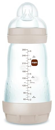 MAM Anti-Kolische Babyflasche, 2-4 Monate, 260 ml, mit Sauger mit 2 mittleren Durchfluss aus Silikon, leicht anzunehmen, selbststerilisierend und leicht zu reinigen, Easy Start Anti-Colic, Neutro