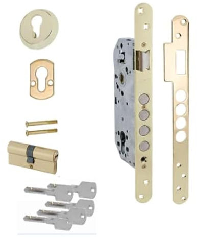 cerradura embutir de seguridad 4 bulones entrada de 50mm distancia entre ejes 85mm, cantos redondos, bombillo con 5 llaves de seguridad incluido (dorado)