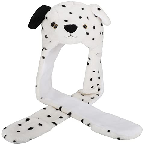 PHOGARY 3 in 1 Animal Hood Hat Scarf and Gloves Set - 85cm Long Faux Fur Cartoon Plush for Adults Teens Cosplay Costume Carnival Festival, Spotted Dog