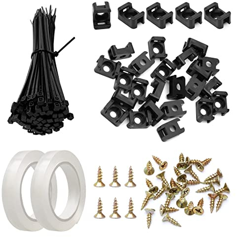 100 st svarta kabelbindningsbaser och mini 10 cm/3,9 nylon buntband med 2 st dubbelsidig tejp och 100 st skruvar, kabelhantering, organiseringssats för hemtrådhantering