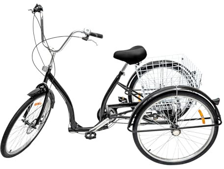 UESUENYENS 26-Tums Trehjuling för Vuxna, 6-Växlad, 3-Hjuls Cykel för Seniorer, Shopping, Med Korg, Cruising (Svart)