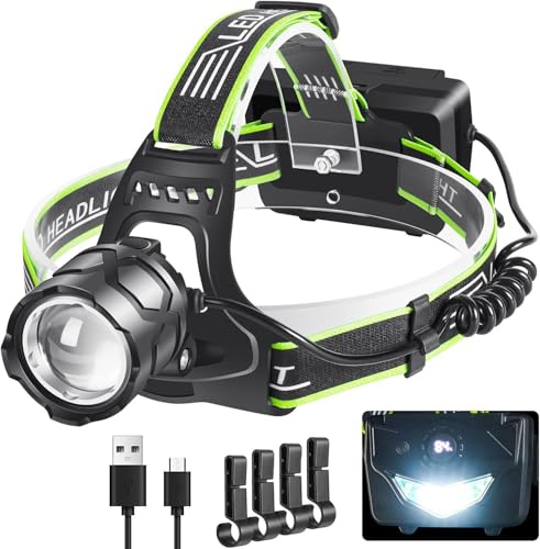 PEAKRO LED-Stirnlampe, wiederaufladbar, ultra leistungsstark, 90.000 Lumen, LED-Taschenlampe, 5 Modi mit rotem Rücklicht, 9000 mAh, wiederaufladbar, USB, Stirnlampe für Camping, Angeln, Radfahren