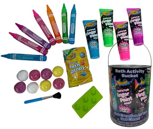 Crayola NEON Bathtime Activity Bucket Kid's Bundle, 30-Piece Set with Bath Bombs, Colorful Finger Paint Soap Tubes, Body Wash Pens, Bath Drops, Palette, Paint Brush, & Reusable Bucket