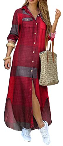 OMZIN Abito Camicia da Donna in Cotone Camicetta Abito Camicia Lunga con Bottoni Larghi da con Tasche Vino Rosso Grigio XL