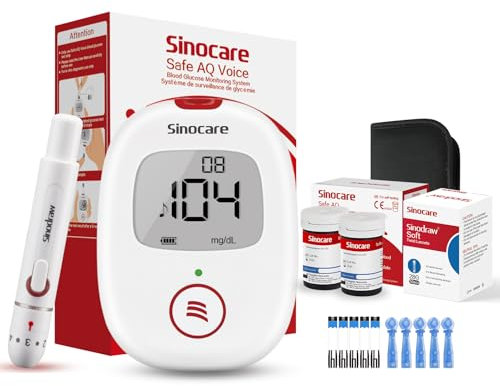 Sinocare Kit Medidor Glucosa en Sangre, Glucómetro, 25 x Tiras de Prueba y Dispositivo Punción - mg/dL(Safe AQ Voice)