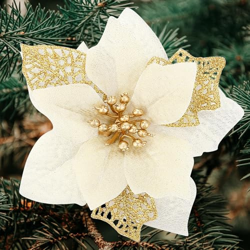SITUMEIZI 24 flores artificiales de Pascua doradas de 5.5 pulgadas, flores de Pascua con purpurina para decoración de árbol de Navidad, flores con tallos y clips para corona, árbol de Navidad, Año