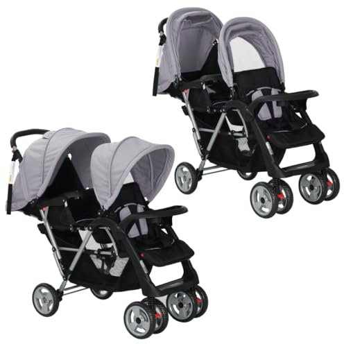 Willood Geschwisterwagen Zwillingskinderwagen Tandem Kinderwagen Stahl Grau und Schwarz