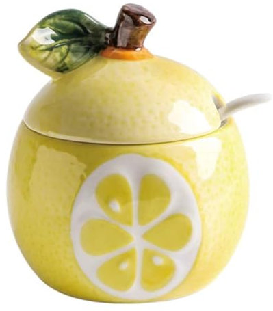 YAMKNICE Azucarero de cerámica con forma de fruta pintado a mano, tarro para especias, tarro para condimentos con tapa y cuchara, tarro para sal con forma de fruta de cerámica (Limón)