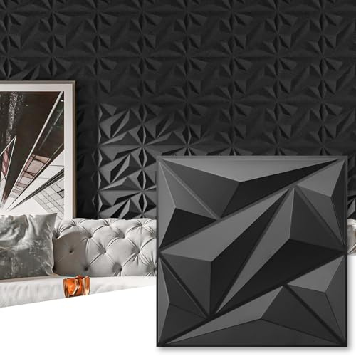 Art3dwallpanels 3D Wall Panels Diamond Design for Interior Wall Decor for Home and Office, 3D Textured Wall Panels in Black, Pack of 33 Tiles