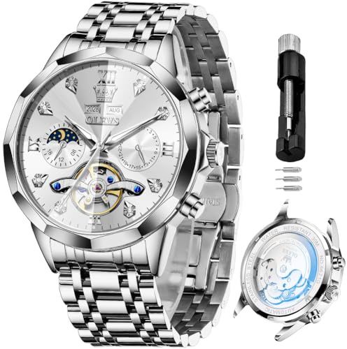 OLEVS Automatic Watches for Men Mechanical Business Dress Skeleton Self Winding Mens Watch Waterproof Date Day Men Silver Watch Phase Moon