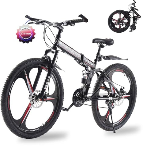 TRIOBLADE 26'' 27.5 Inch Folding Mountain Bike 21-Speed Foldable Mountain Bicycle with Dual Disc Brakes 3 Spoke Wheels Mountain Bikes,Dual Suspension Design for Adult Men Women (Black&Red, 27.5inch)