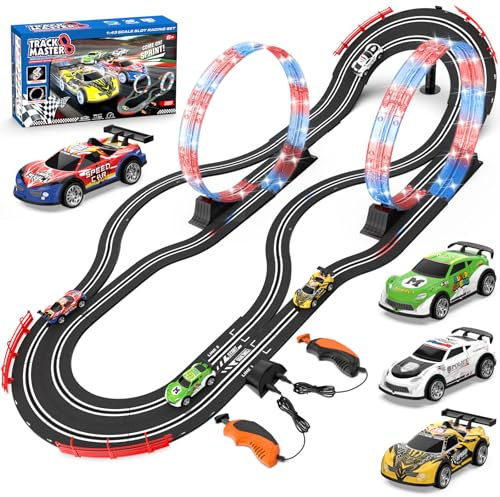 Slot Car Race Track Set with 4 High-Speed Cars, 2 in 1 Electric Track, Dual Racing Game with Controllers, for Kids Ages 8-12.