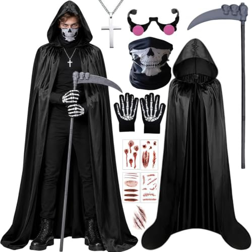 Boyigog Halloween Grim Reaper Costume 7Pcs Scary Death Fancy Dress for Adult Black Hooded Cloak Cape Skull Mask Scythe Gloves Glasses Cross Necklace Sticker for Halloween Cosplay Party
