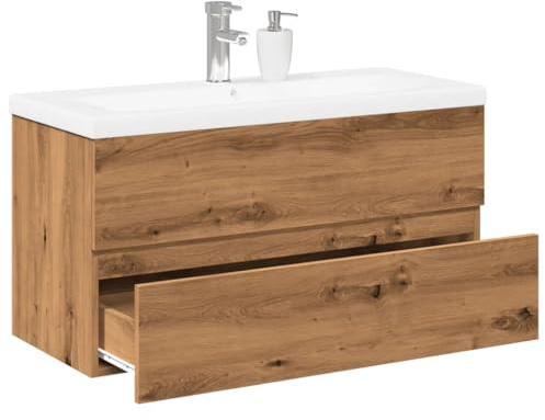 BOWEKAM Muebles, armarios y almacenamiento, unidades de tocador, unidades de tocador de baño, armario de lavabo con lavabo integrado, roble artesanal