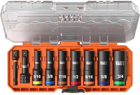 Klein Tools 65109IMPCT KNECT Deep-Well 3/8-Inch Drive Impact Socket Set, SAE, 9-Piece Tool Set with Impact Driver Adapter, Multi-Purpose Wrench Adapter, Color-Coded, MODbox Socket Organizer