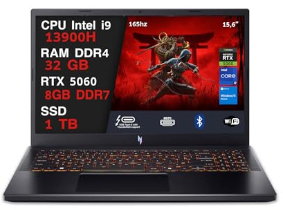 Acer Nitro V15 Pc Gaming Portatile i9-13900h, 32GB RAM DDR4, SSD 1TB, Geforce RTX 5060 8GB Gddr7, Notebook Gaming Display 15.6 IPS FHD 165hz, Laptop Gaming, Ethernet, WiFi, Tastiera Retroilluminata