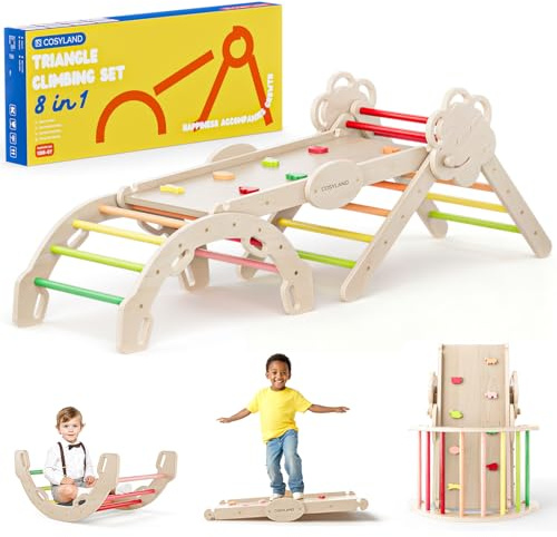 COSYLAND 8 en 1 Triángulo de Escalada Montessori con Arco y Rampa, Set Plegable Infantil, Juguete de Madera Resistente para Interior, Niños 18 Meses-6 años, Natural/Tonos Cálidos, Grande