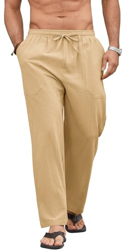 Pantalón Lino Hombre Verano de Mezcla Algodón y Lino Ligero Transpirable con Cintura Elástica Cordon y Bolsillos Pantalones de Lino Hombre Corte Largo