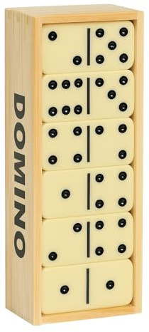 BLUECHOLON Juego de Dominó Clásico en Caja de Madera, Fichas de Plástico, 15,5 x 5,5 x 3,5 cm, Presentación en Blister, con Estuche de Almacenamiento