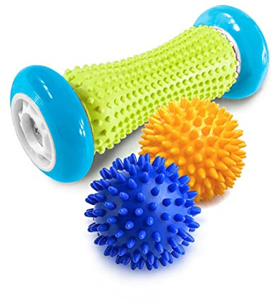 Pasnity fotmassagerulle och spiky boll set – smärtlindring för plantar fasciit, häl och båge – slappna av axel, rygg, ben, hand – inkluderar 1 rulle och 2 taggiga bollar