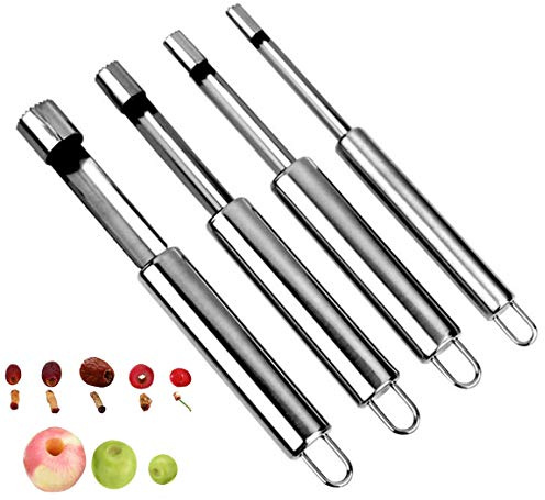 Corer and Pitter Set of 4, Multi-Function Corer and Pitter Remover Set, Stainless Steel Core Remover Tool for Apple, Pear, Cherry, Jujube, Red Dates or More with Sharp Serrated Blade