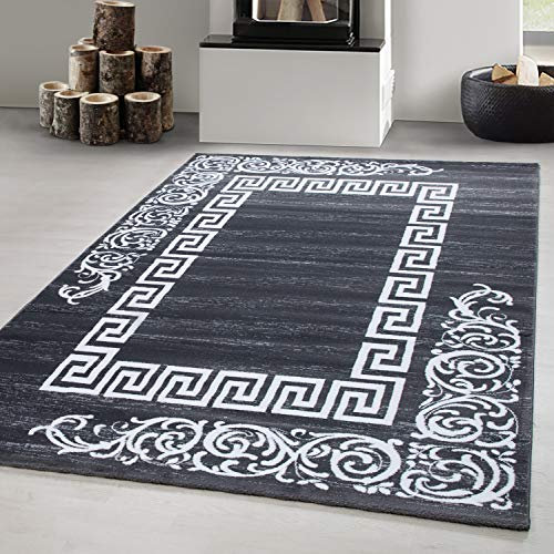 Carpetsale24 Kurzflor Teppich 160x230 cm, Modern Mäander Design in Grau Weiß, Pflegeleicht, ideal für Wohnzimmer, Esszimmer oder Schlafzimmer