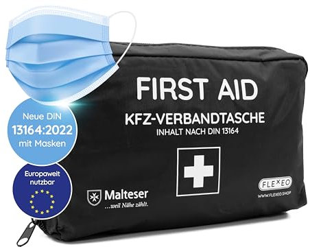 KFZ-Verbandtasche nach aktueller DIN 13164 [EUROPAWEIT GÜLTIG] gemäß StVZO | inkl. 2 med. Gesichtsmasken | Erste Hilfe Tasche, Set, Verbandskasten, Auto, PKW