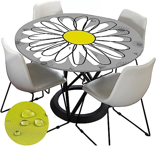 Tischdecke Abwaschbar Rund 70cm, Elastisch Lotuseffekt Tischdecke Outdoor 3D-Druck Tischdecken Daisy Table Cloth für Garten Restaurant, Ideal für 50cm-60cm