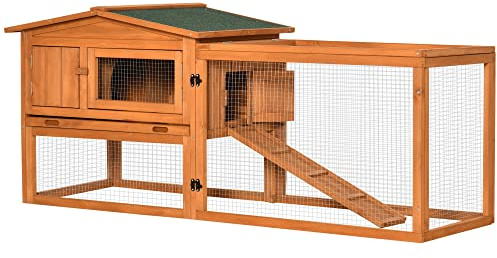 PawHut Conejera de Madera Exterior Jaula para Conejos de 2 Niveles 156x58x68 cm con Techo Asfáltico 2 Corrales de Metal Bandeja Extraíble 2 Puertas Ventana y Rampa Natural