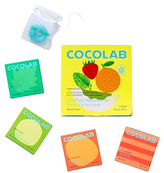 Cocofloss Woven Dental Floss, Dentist-Designed Oral Care, Waxed, Vegan, Kid-Friendly, with Coconut Oil, 4-Pack of Mint, Coconut, Orange, Strawberry (33 yd Each)