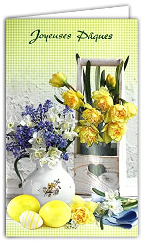 12-698 Carte Joyeuses Pâques Bouquets Fleurs Printemps Jonquille Narcisse Muscaris œufs Peints Cœur Livré avec Enveloppe Format 12x19,5cm Papier écolabel FSC Gestion Durable Forêts Fabriqué en Europe