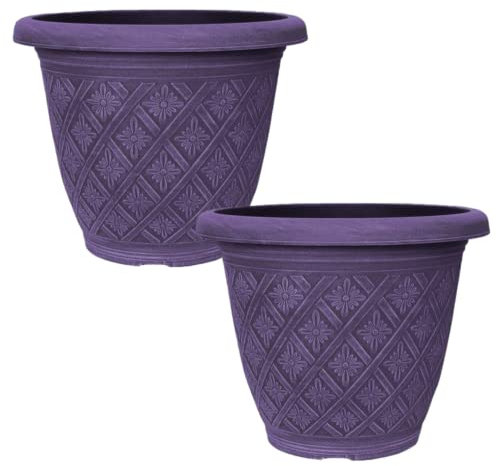 Fyne-Finds Set of 2 Round 40cm, 16inch Garden Plastic Plant Pot Weatherproof Woven Flower Outdoor Drainage Hole Deco Planter (Purple)