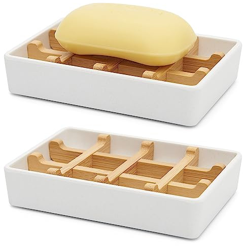 Bamboo Soap Dishes for Shower Wooden Soap Bar Holder for Bathroom Soap Tray Easy to Clean, Durable and with Non-Slip Pads(Single White Square)