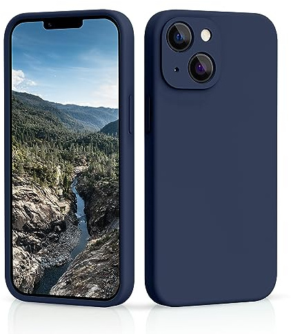 CALOOP Slim-Fit for iPhone 13 Case,Skin Soft Liquid Silicone,Sturdy Shockproof Hard Frame Cover with Anti-Scratch Microfiber Lining,Full Protection for Screen and Camera Lens, 6.1 inch(Navy Blue)