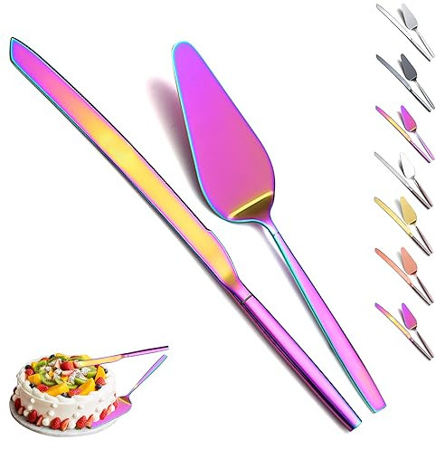 Evanda Cuchillo de Pastel de Bodas Rainbow y Juego de servidores, Rainbow Titanium Plating Cake Cutte, Servidor de Pastel para Todos los días, Bodas y cumpleaños, Apto para lavavajillas
