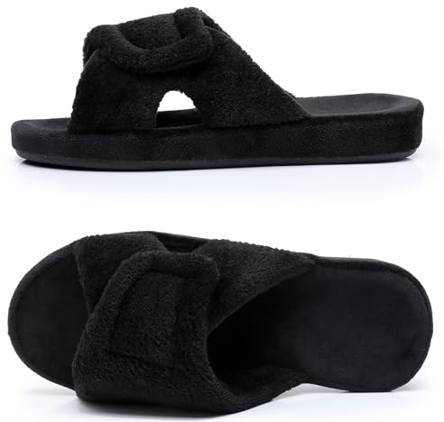 MISSRAIN Ladies Arch Support Slippers Memory Foam House Shoes with Adjustable Hook and Loop Closure Open Toe Orthotic Diabetic Slippers, Black UK 6