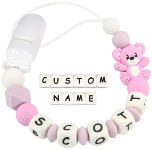 Kowlone Attache Sucette Nom Personnalisé Prenom Silicones Teddy Ours Attache Tétine en Clips Chaîne pour Bébé Filles Garçons(Violet)