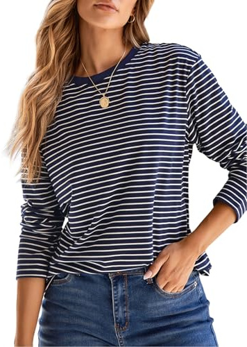 Dokotoo Striped Long Sleeve Shirts for Women Crewneck Color Block Basic Tee Tops Cute Comfy Casual Ladies Clothes Womens Spring Fashion 2026 Blue Stripe Large