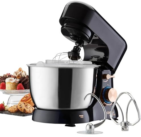 Cooks Professional Stand Mixer 1000W with 8 Speeds & Pulse Function, 4.5L Mixing Bowl, Splash Guard, Whisk, Beater & Dough Hook | Electric Kitchen Mixer for Cakes, Bread, Baking | Black & Rose Gold