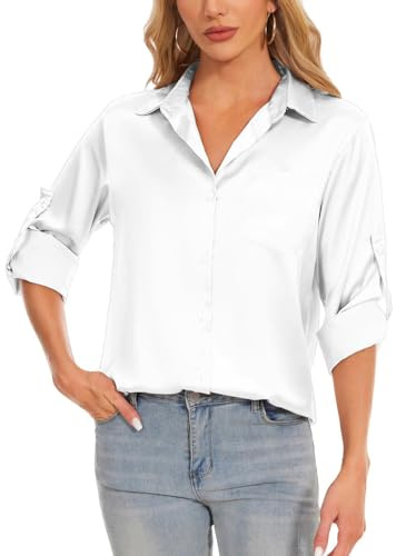 Atxnn Camicia Donna Elegante Top a Manica 3/4 Blusa in Raso di Seta Camicetta Primavera da Lavoro Lunga con Scollo a V