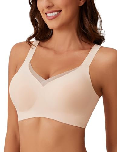 MOEOZLLO Mesh V Ausschnitt BH Damen Ohne Bügel Softschalen Bustier Damen High Elastizität BH Ohne Bügel Mit Zusätzlicher BH-Verlängerung（Beige,L