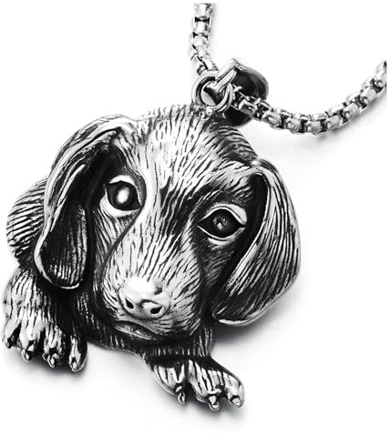 COOLSTEELANDBEYOND Acciaio Inossidabile Bassotto Cucciolo Cane Ciondolo Collana, Carino Adorabile, Uomo Donna, Catena del Grano 75CM