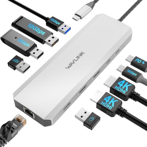 WAVLINK Laptop Docking Station, 10G USB C Hub mit Dual HDMI, 100W PD IN, 10Gbps USB-A/C 3.2, 5Gbps USB-A, USB2.0, Gigabit Ethernet für Dell/HP/Lenovo usw., nur für Windows Systerm Computer