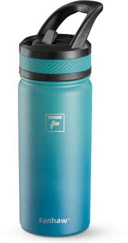 Fanhaw 18 oz Kids Water Bottle for School, Insulated Water Bottle with Straw Lid, Stainless Steel Vacuum Insulated Bottle for Boys & Girls, Leak-Proof, BPA Free(Green Blue)