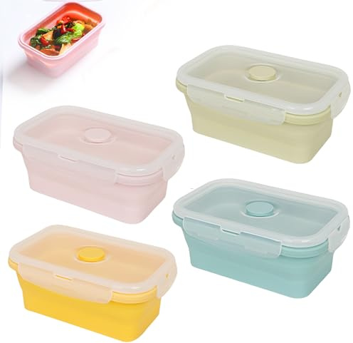 WIYETY Conteneurs Alimentaires: 4 Pièces Boîte À Lunch Pliable en Silikon, Gain de Place, Étanche, pour Voyage (550ml, Rose+Jaune+Vert Menthe+Vert Pin)