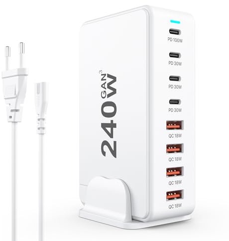 USB C-laddare 240W, PD100W snabbladdare, USB-laddningsstation med 8 portar, kompatibel med iPhone/Samsung/Google/Xiaomi/bärbara datorer/surfplattor