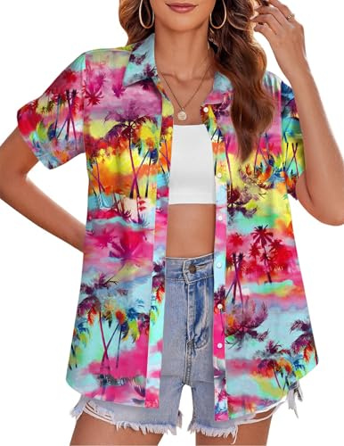tiorhooe Hawaiian Shirts for Women Tropical Tree Short Sleeve Holiday Shirt | Aloha Floral Print, Soft Breathable, Button-Down, Relaxed Fit, Lightweight, Easy Care, Machine Washable, Fade-Resistant
