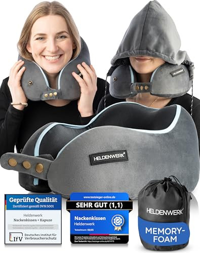 HELDENWERK Comfy Nackenkissen Flugzeug mit Kapuze - Memory Foam Reisekissen Flugzeug (samtweich & atmungsaktiv) 6-Fach Verstellbar, Nackenhörnchen Erwachsene, Travel Pillow, Nackenkissen auto waschbar