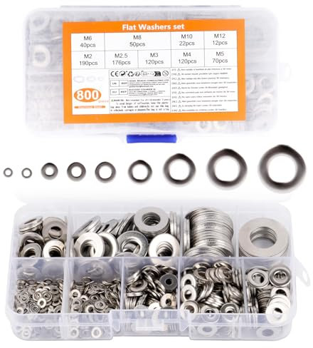 800 PcsRondelles Inox, Rondelles Metal, Rondelle Plate, Assortiment Kit de Rondelles Plates Acier Inoxydable, Rondelle pour Gond de Porte Vis et écrous, M2, M2.5, M3, M4, M5, M6, M8, M10, M12